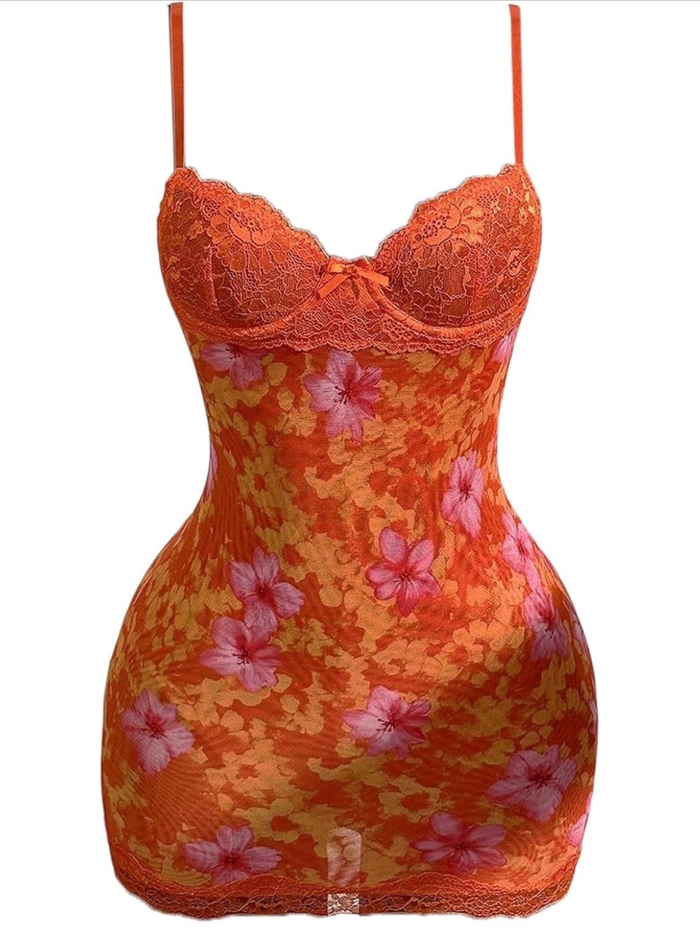 Floral Lace-Trim Chemise Slip in Orange with Pink Accents